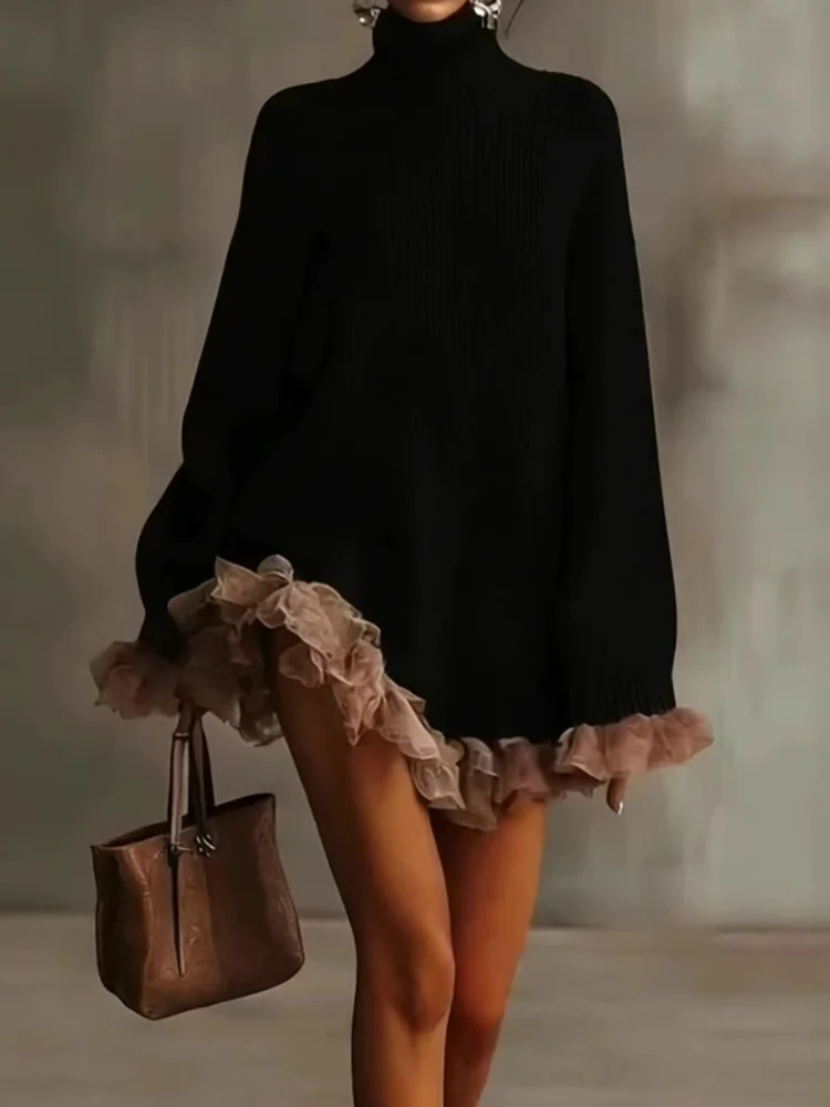 Vestido suéter sencillo con cuello alto para otoño e invierno, minivestido informal de retazos para mujer, vestido dulce de manga larga con pétalo para mujer