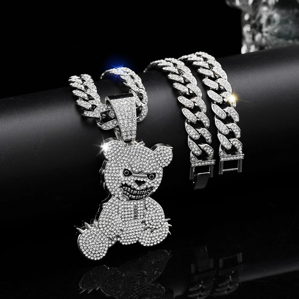 Collares con colgantes de oso agresivo de Hip Hop con cadena de eslabones cubanos de Miami, Gargantilla de oso marrón para hombres y mujeres, accesorios de joyería