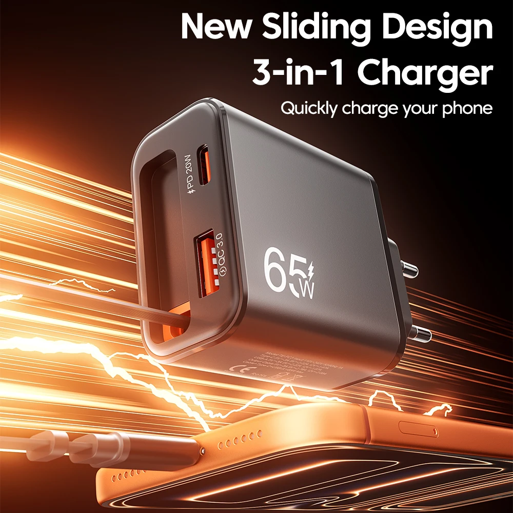 Cargador Rápido USB C de 65W con Cable Retráctil Tipo C, Adaptador de Pared con Enchufe EU/US/UK para iPhone, Samsung, Xiaomi, Huawei, Carga PD