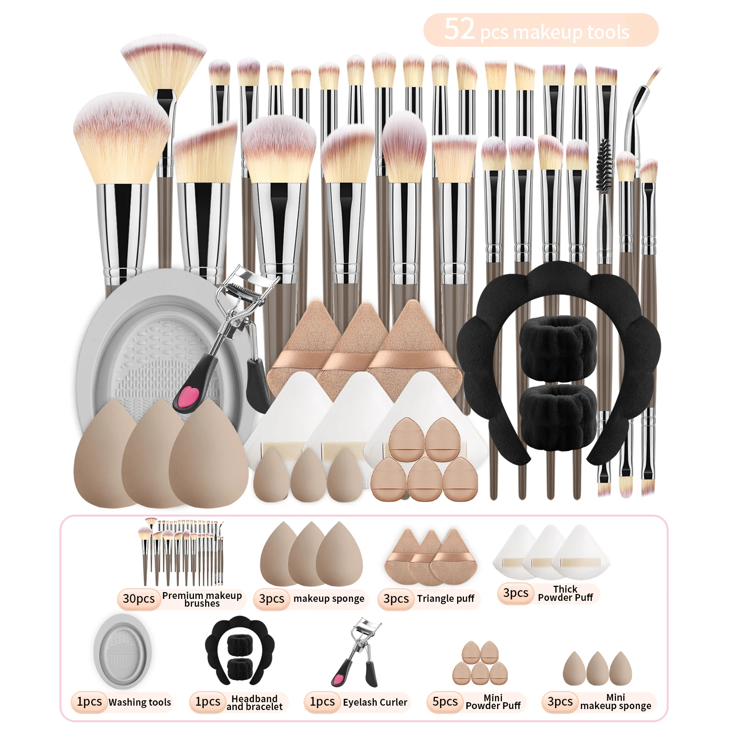 Set de 52 Piezas de Herramientas de Maquillaje con 30 Brochas, Brocha para Polvo, Brocha para Base + Esponjas, Borlas, Rizador de Pestañas, Diadema para Lavar la Cara