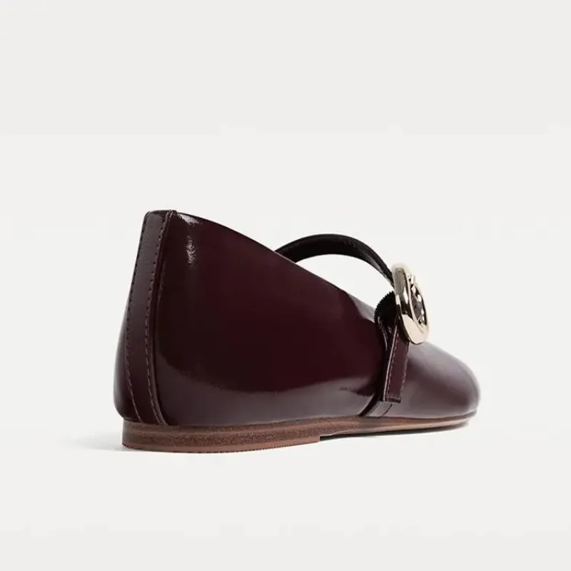 Zapatos planos de cuero PU para mujer, zapatos Mary Jane elegantes con correa y hebilla roja, mocasines informales poco profundos para primavera y otoño
