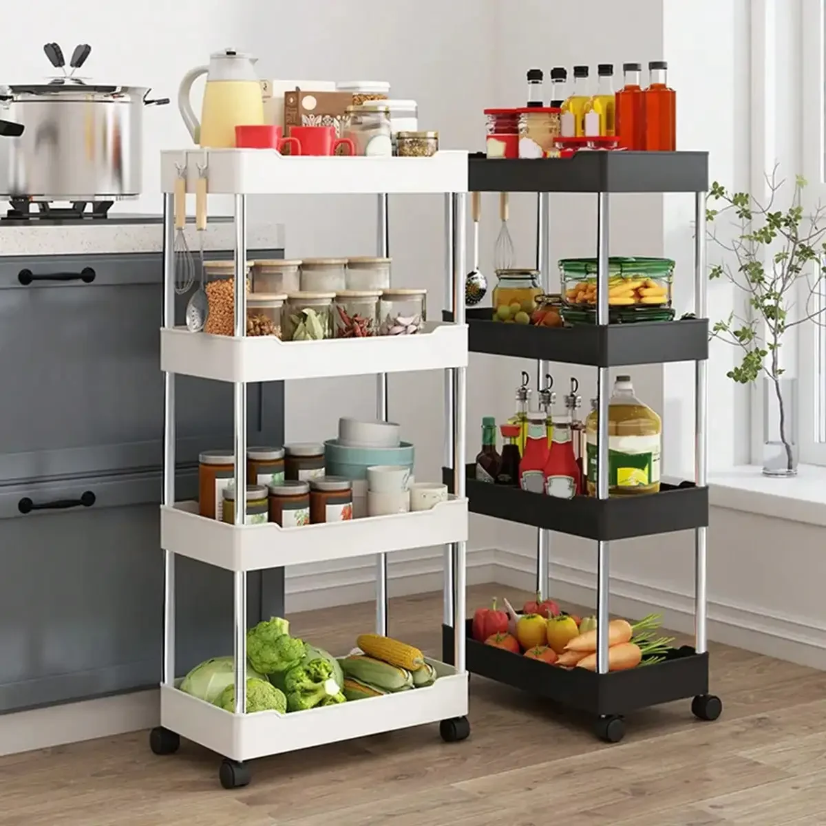 Estante de almacenamiento con huecos móviles de 3/4 niveles, carrito de utilidad rodante, estante de almacenamiento, cocina, baño, organizador deslizante delgado, estante para sala de estar