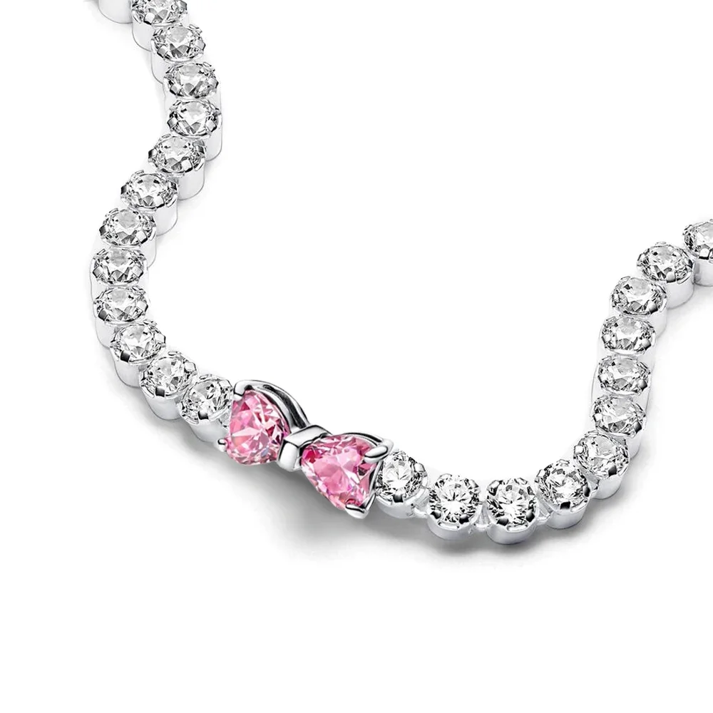 2026 San Valentín Nueva Pulsera de Plata 925 con Lazo Rosa y Diamantes Completos Original 17-20CM Compatible con Charms DIY Regalos de Joyería para Mujer en Cumpleaños