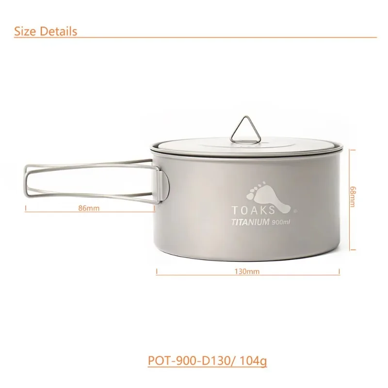 Olla de Titanio TOAKS de 900 ml, Olla de Titanio de 900 ml D130 mm, Utensilios de Cocina para Acampar, Ollas para Exteriores, Equipo de Senderismo (POT-900-D130)