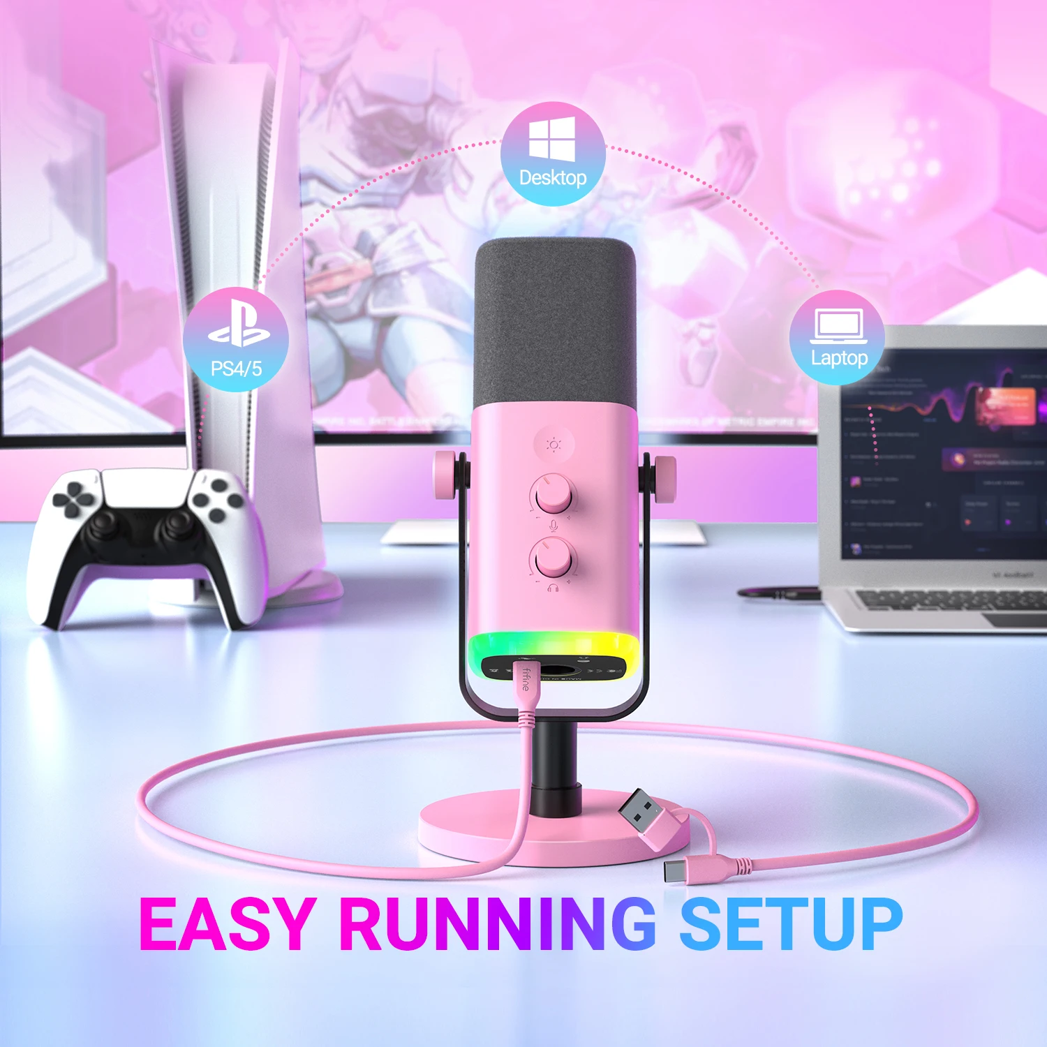 FIFINE-micrófono dinámico USB/XLR con Control RGB, Conector de auriculares/silenciador, para PC, juegos, YouTube, transmisión en vivo, AmpliGame-AM8P