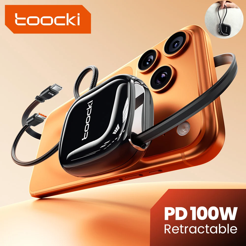 Cable USB C Retráctil Toocki de 100W para iPhone y Samsung, con Cordón Magnético de un Solo Tirón para Viajes, Mini Cable de Carga Rápida Tipo C