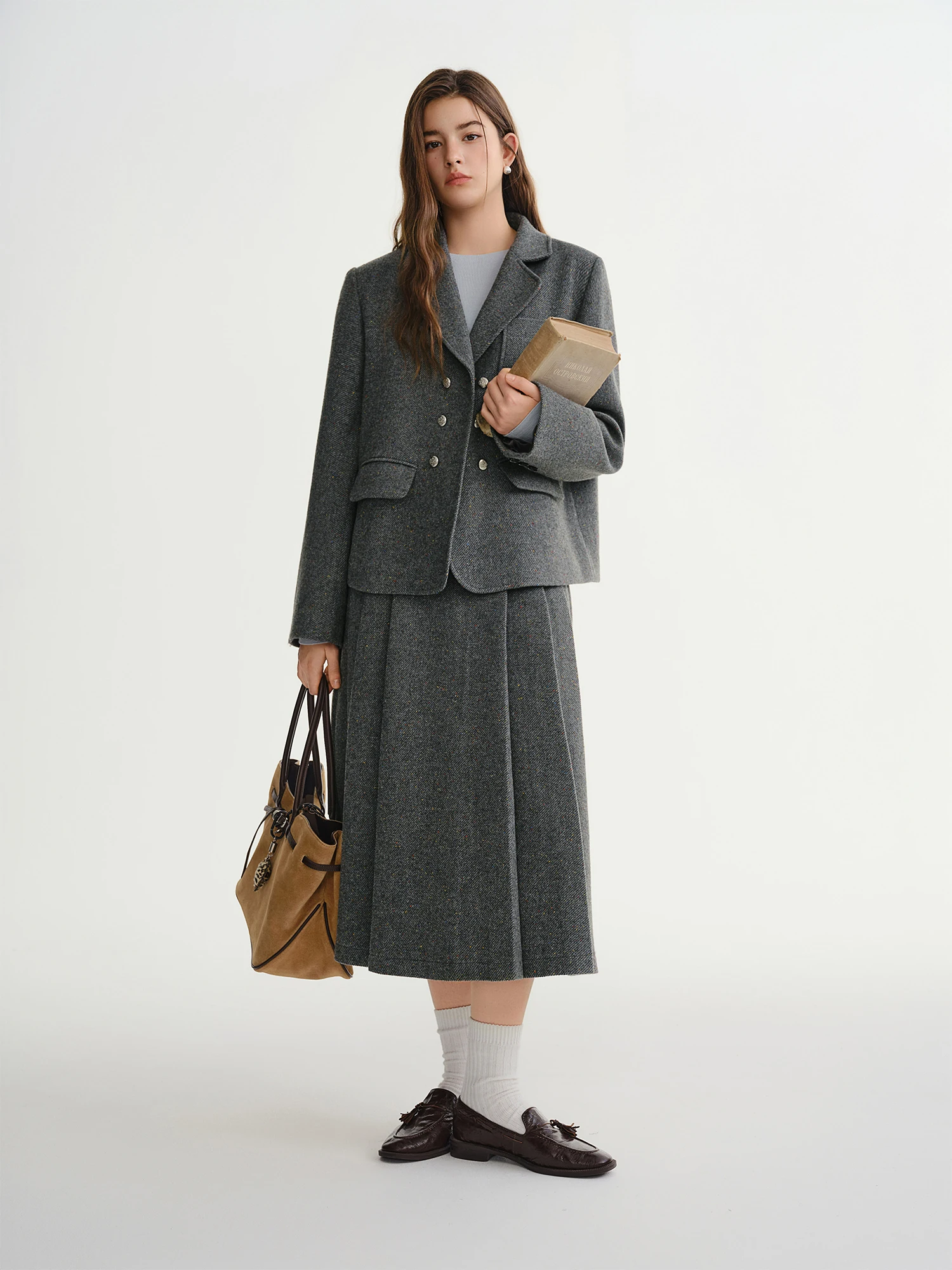 DUSHU-traje de lana de sarga con puntos coloridos para mujer, estilo universitario Retro, Blazers holgados, Falda plisada acampanada, conjuntos de dos piezas para ir al trabajo BF