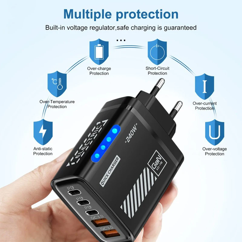 Xiaomi 240W GaN cargador rápido de teléfono 5 puertos 3USB 2PD carga rápida QC 3,0 adaptador de cargador de pared para iPhone Samsung Xiaomi EE. UU. UE