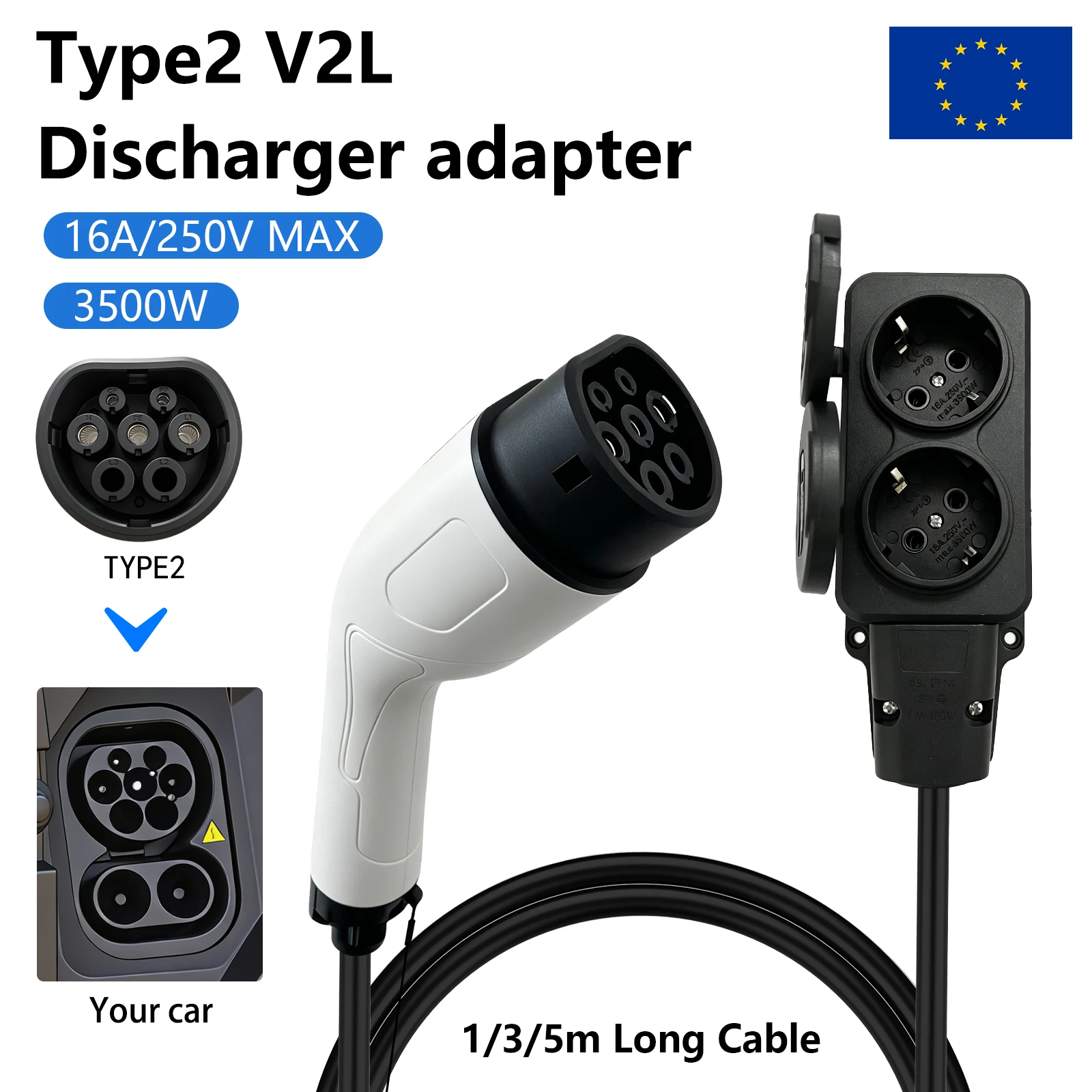 Adaptador de descarga V2L Tipo 2 para vehículos eléctricos, cable de carga de vehículo a carga, enchufe europeo, cable de descarga de energía V2L para coche eléctrico, enchufe de salida europeo