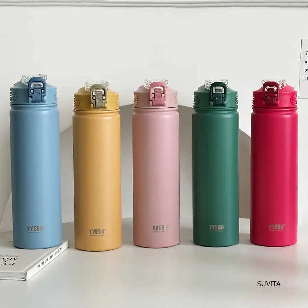 TYESO-botella de agua termo de 600ML/750ML con pajita, taza deportiva térmica de acero inoxidable para coche, mantiene el frío y el calor, taza de viaje térmica