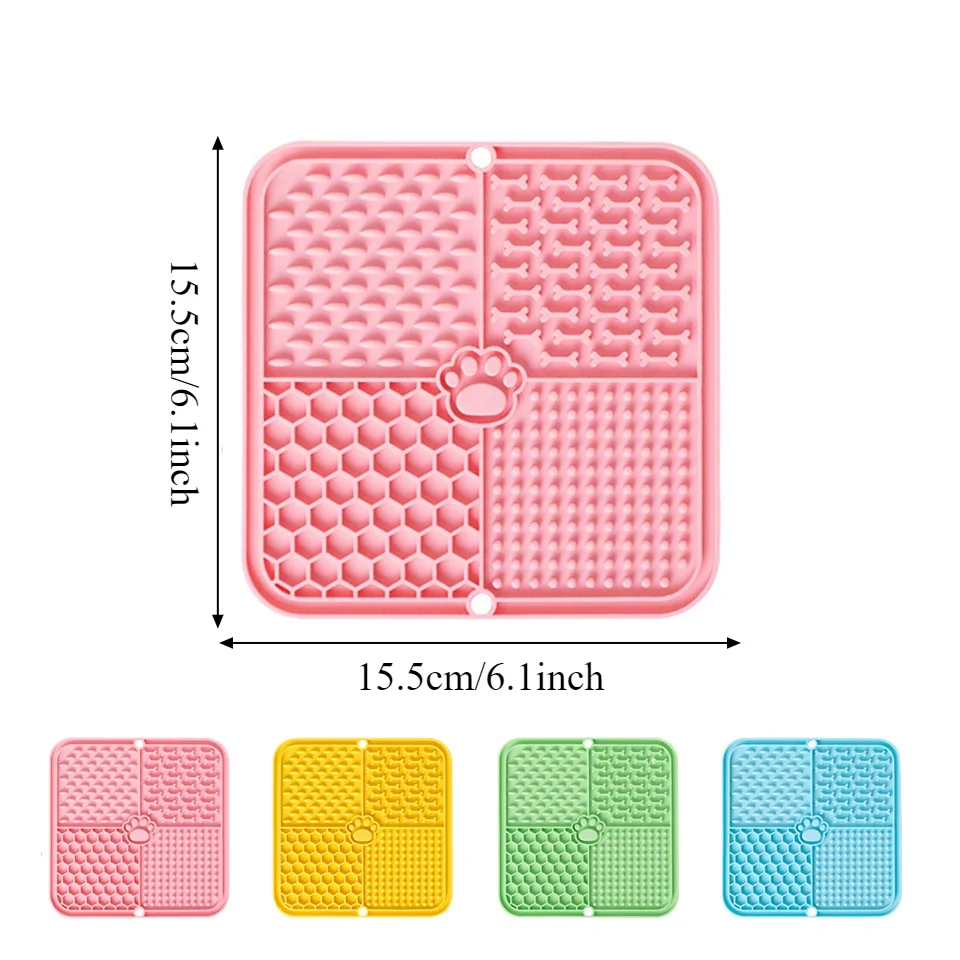 Alfombrilla de silicona de grado alimenticio para alimentación lenta de 15.5x15.5cm con fuerte ventosa, tapete anti-golpeo para comida de perros y gatos