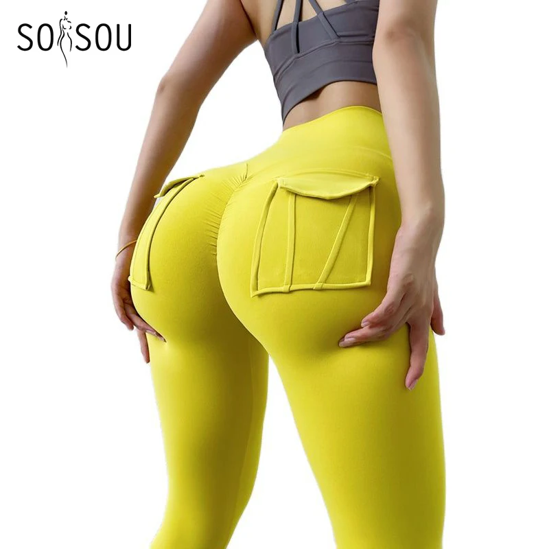 SOISOU Leggings de nailon para mujer, pantalones deportivos de yoga, pantalones sexys ajustados de cintura alta, bragas elásticas para mujer, Legging con bolsillo para Mujer