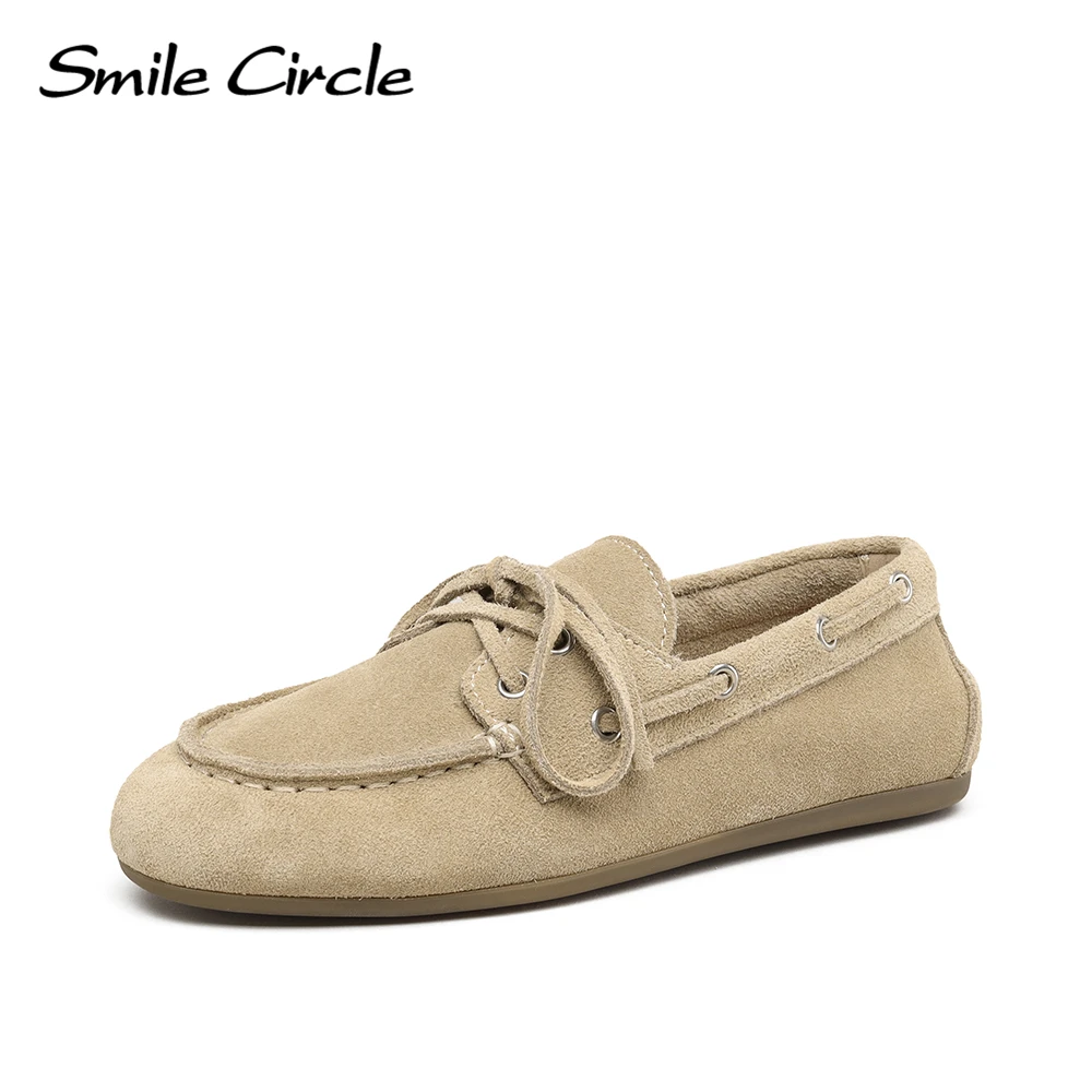 Zapatos náuticos Smile Circle, mocasines de cuero genuino para mujer, mocasines, zapatos planos con cordones