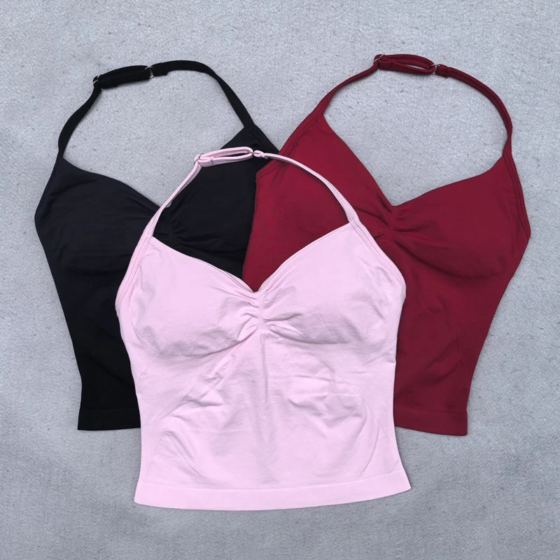 Conjunto de Yoga sin costuras para mujer, 2 uds., camiseta sin mangas acolchada con cuello Halter, mallas de gimnasio para levantamiento de glúteos, ropa deportiva para mujer, ropa de entrenamiento