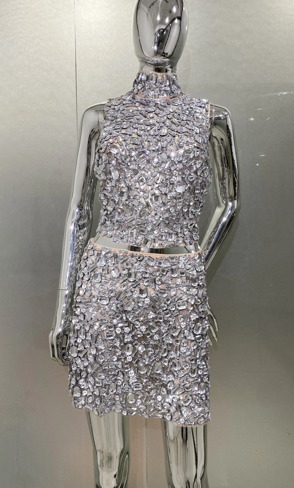 Diamantes brillantes de alta calidad, camiseta sin mangas transparente y falda sin espalda, conjunto de 2 piezas para mujer, Vestido de fiesta de cumpleaños