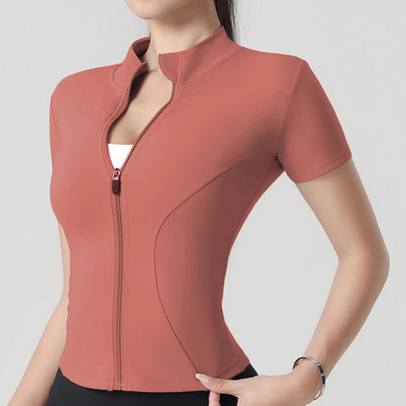 Chaqueta de Yoga para Mujer, Chaqueta Deportiva Ajustada de Manga Corta con Cuello Alto, Chaqueta Deportiva Elástica de Manga Corta para Fitness