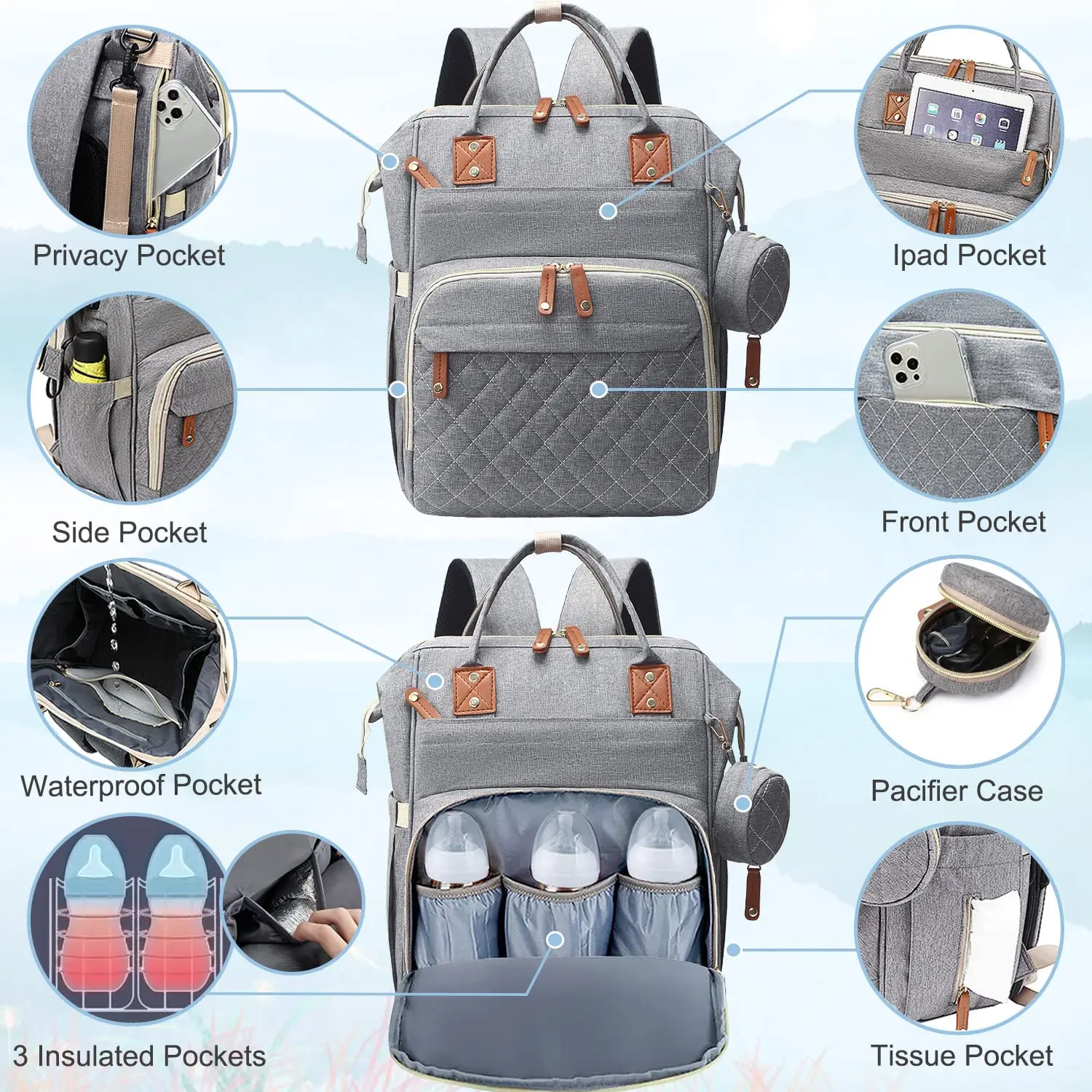 Bolsa de pañales Mochila Bolsa de bebé, Bolsa de pañales para bebé niña niño para papá mamá con almohadilla, Bolsas de pañales grandes de viaje con estuche para chupete
