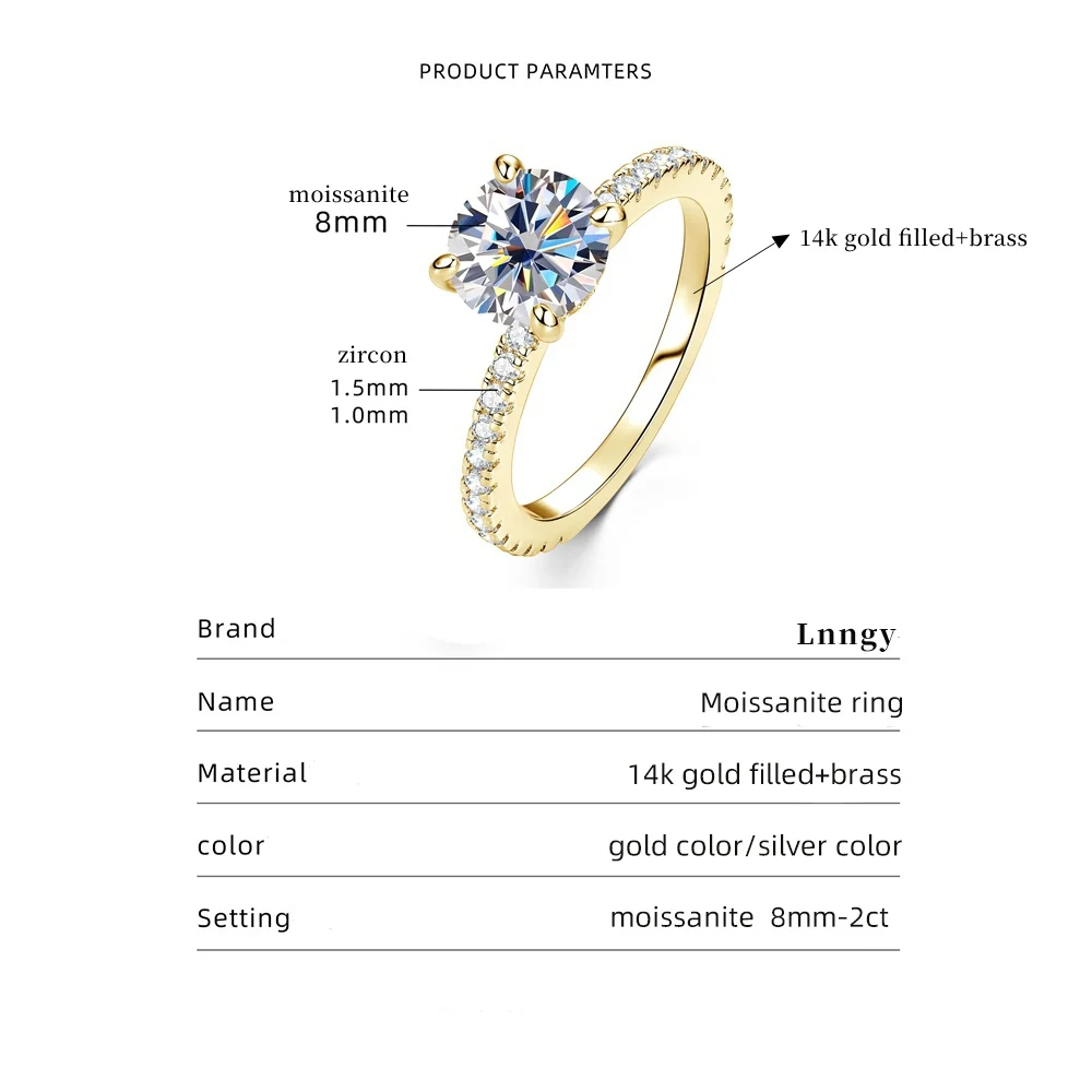 Anillo solitario de moissanita certificado Lnngy de 8mm y 2ct, anillos de compromiso rellenos de oro de 14K para mujer, regalo de joyería para fiesta de boda