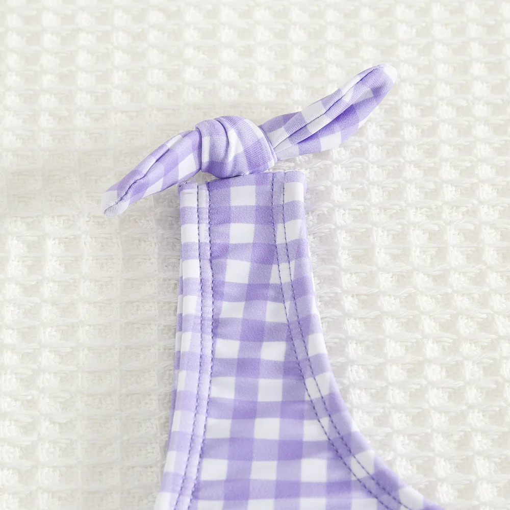 Nuevo traje de baño dividido de verano para niñas, conjuntos de Bikini de 5 a 14 años, traje de baño de cintura alta a cuadros morados para niñas, traje de baño