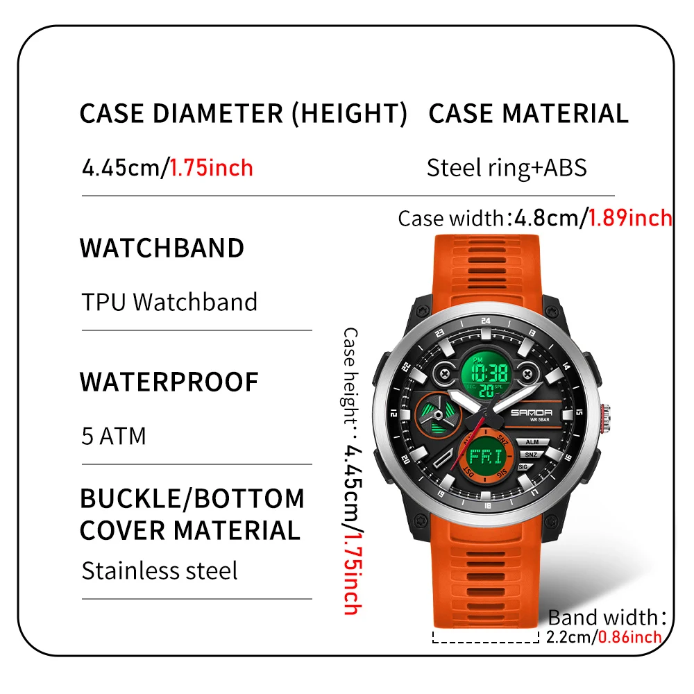 Reloj de pulsera deportivo SANDA para hombre, correa de TPU, reloj de cuarzo resistente al agua, reloj Digital luminoso con pantalla Dual para hombre, reloj Masculino