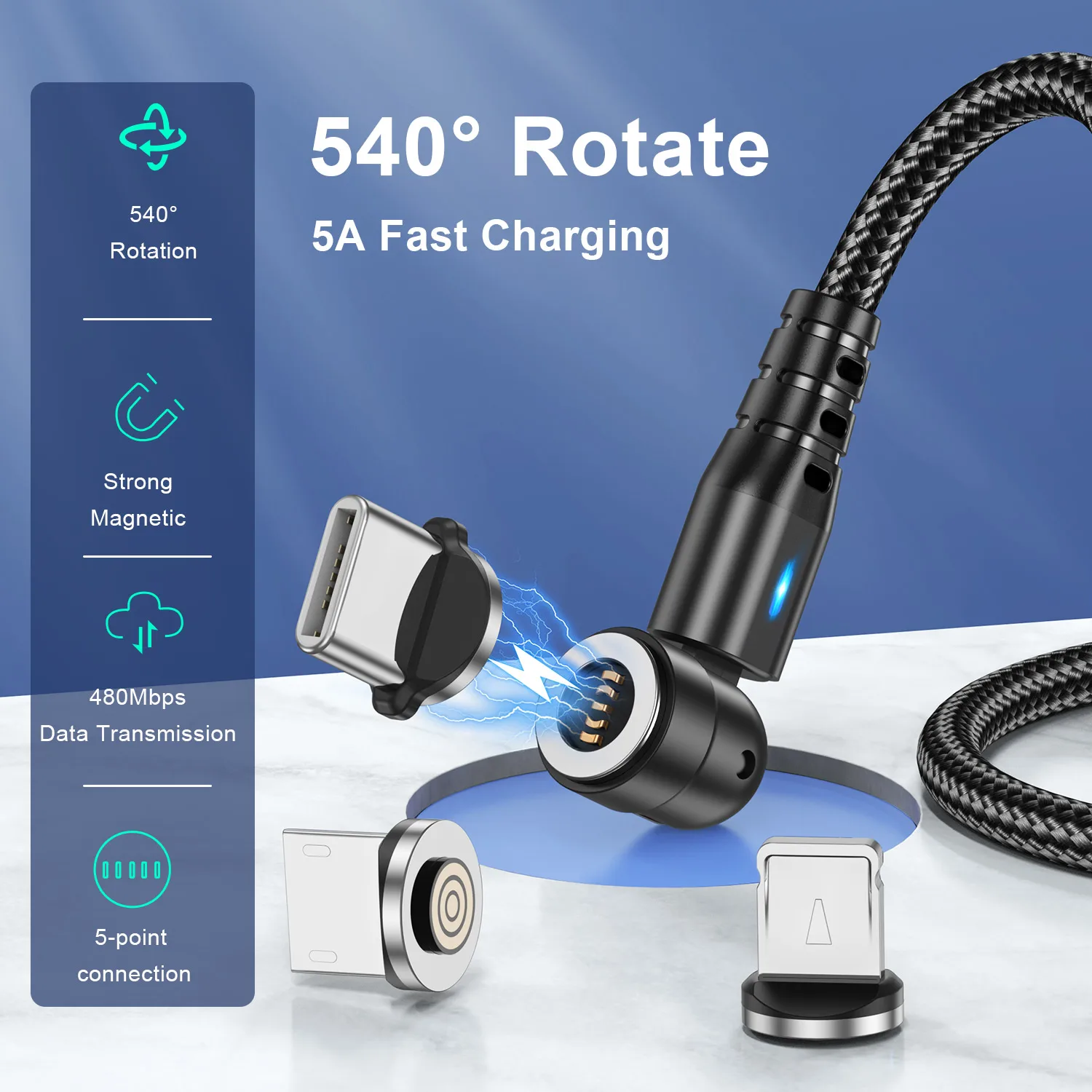 Cable magnético USLION 540 giratorio 5A, Cable Micro USB tipo C de carga rápida para iPhone Xiaomi, Cable cargador magnético, Cable USB