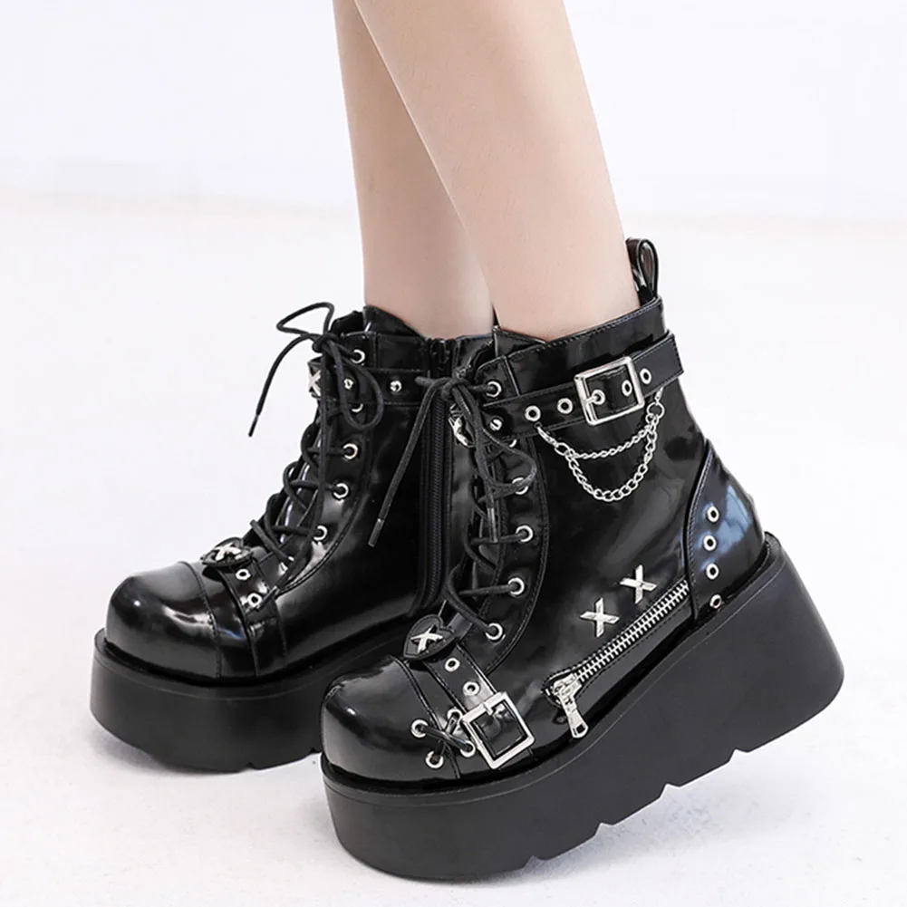 Botines de plataforma góticos para mujer, nuevos, con hebilla, cremallera y remaches, estilo punk, con tacón de cuña, para fiesta y calle.