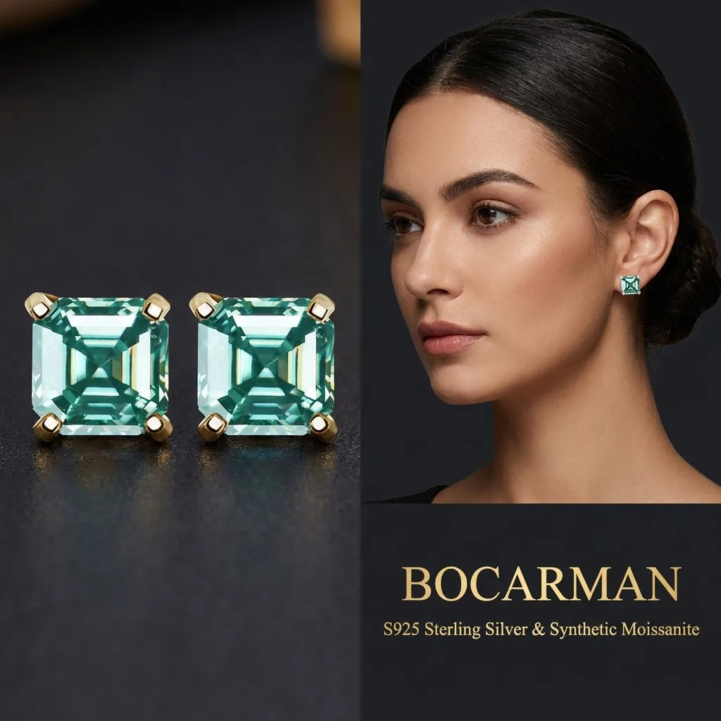 Pendientes de tuerca Bocarman con corte Asscher de moissanita, plata S925, 4 puntas, joyería fina, regalo para ella con caja