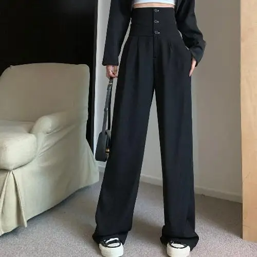Pantalones negros de cintura alta para mujer, pantalones de piso colgantes, pantalones casuales sueltos de pierna ancha, nuevo estilo de otoño