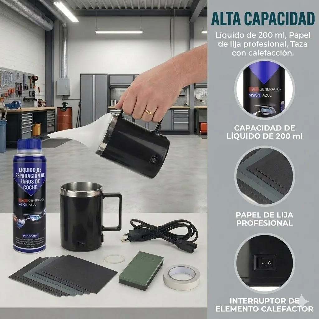 Kit de Restauración de Faros de Coche, Vaso Atomizador de 200ml, Líquido Pulidor, Herramienta DIY para Reparación de Lentes de Faros de Automóvil con Papel de Lija y Cinta Adhesiva