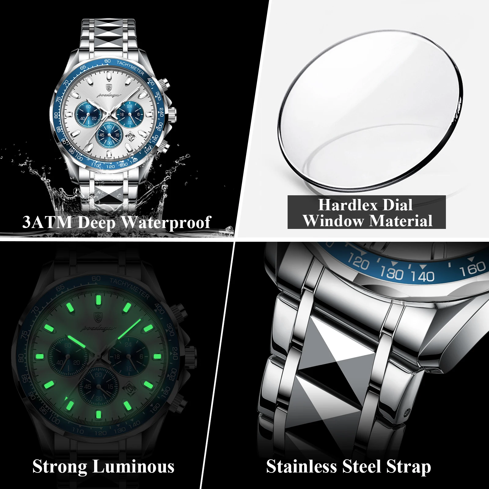 Reloj POEDAGAR de lujo para hombre, relojes luminosos resistentes al agua de acero inoxidable para hombre, cronógrafo con fecha, reloj de negocios de cuarzo para hombre