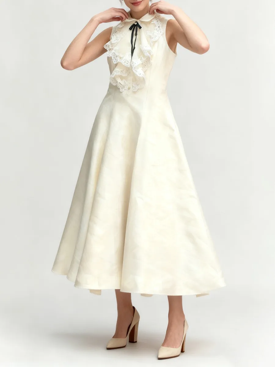 TWOTWINSTYLE, vestidos largos elegantes adelgazantes de encaje empalmado para mujer, vestido sin mangas con solapa de cintura alta con lazo de retales, vestido femenino nuevo