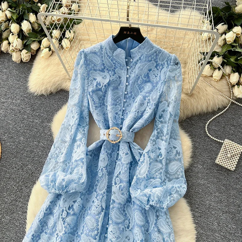 Vestido Largo de Encaje Elegante de Alta Gama para Mujer, Estilo Francés con Flores y Cierre de un Solo Botón, Ideal para Fiestas de Cumpleaños, Primavera/Otoño, S89