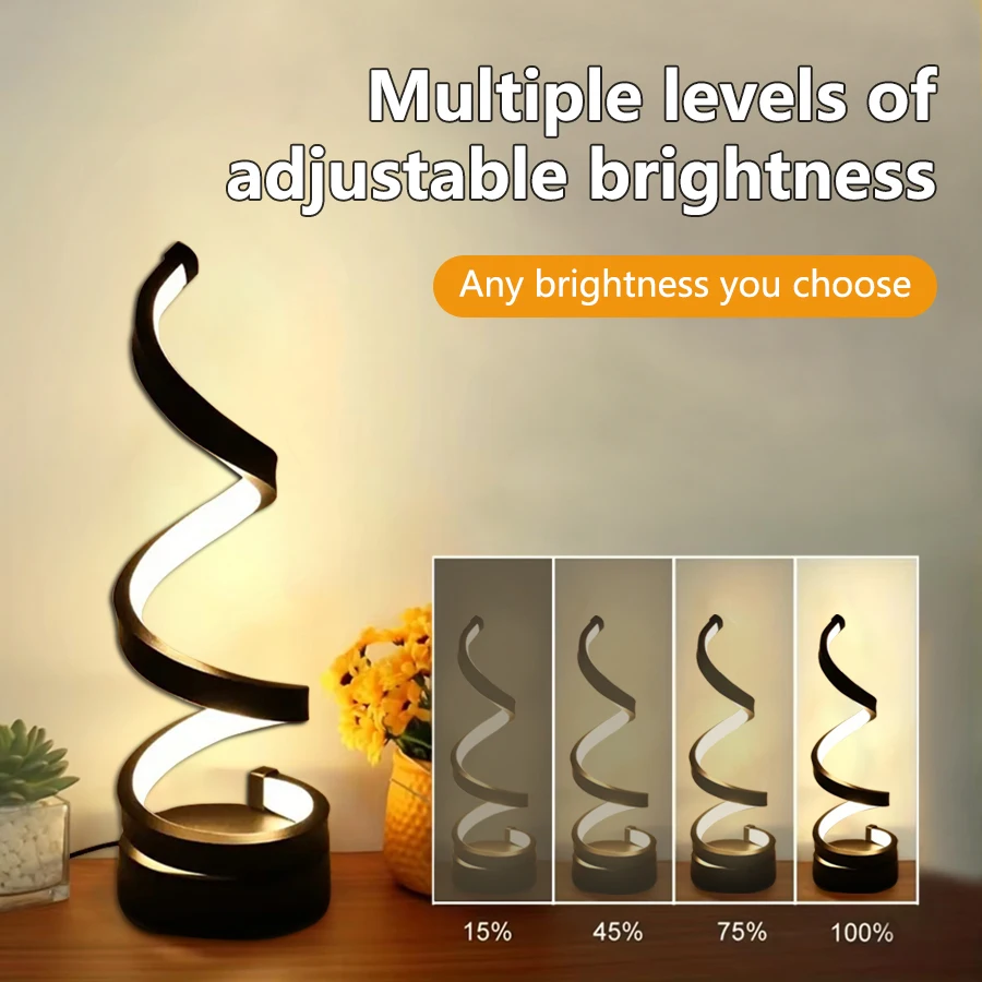 Mesa en espiral moderna, luz LED nocturna, lámpara de escritorio regulable, lámpara de mesita de noche para sala de estar, mesita de noche, estudio, oficina, decoración de dormitorio