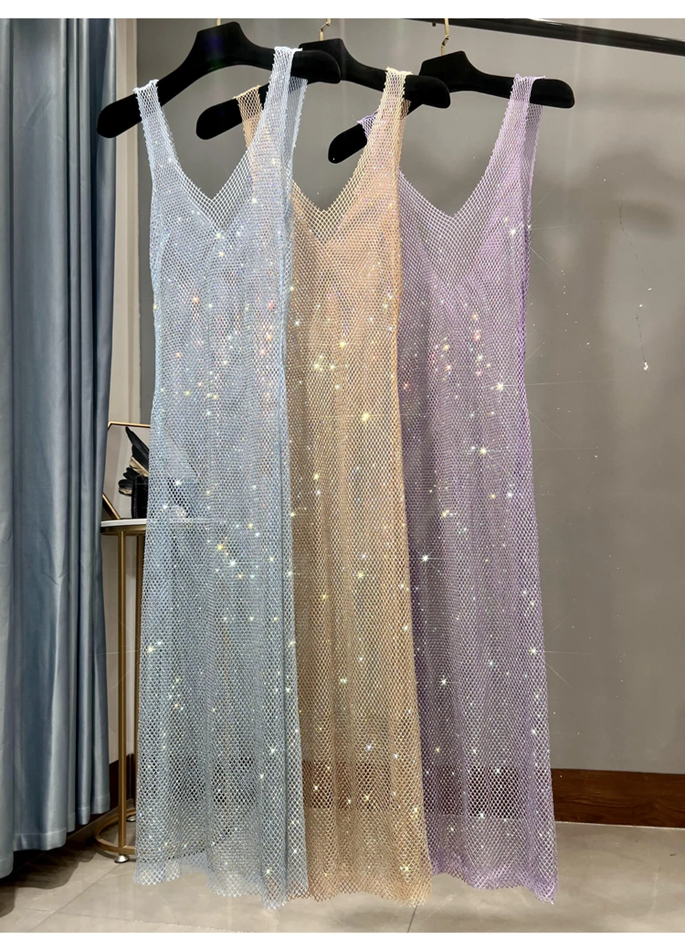 Vestido de fiesta con diamantes de imitación para mujer, ropa Sexy de malla larga fina y brillante con cuello en V profundo, novedad de verano 2023