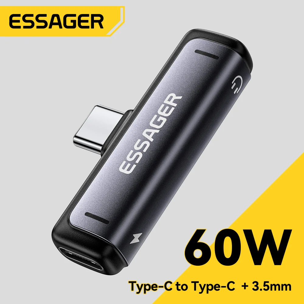 Adaptador de Audio y Carga 2 en 1 Essager, USB Tipo C a Conector de Audio de 3.5mm, Convertidor Auxiliar de Audio, Carga de 60W para MacBook, iPhone, Xiaomi