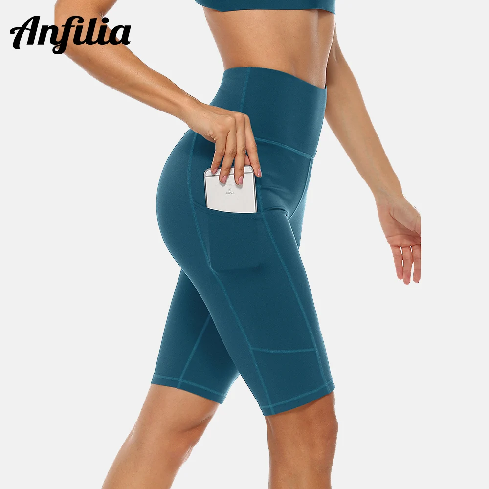 Anfilia Pantalones cortos de yoga para mujer, pantalones cortos deportivos para correr, cintura alta con bolsillos laterales, pantalones cortos de entrenamiento