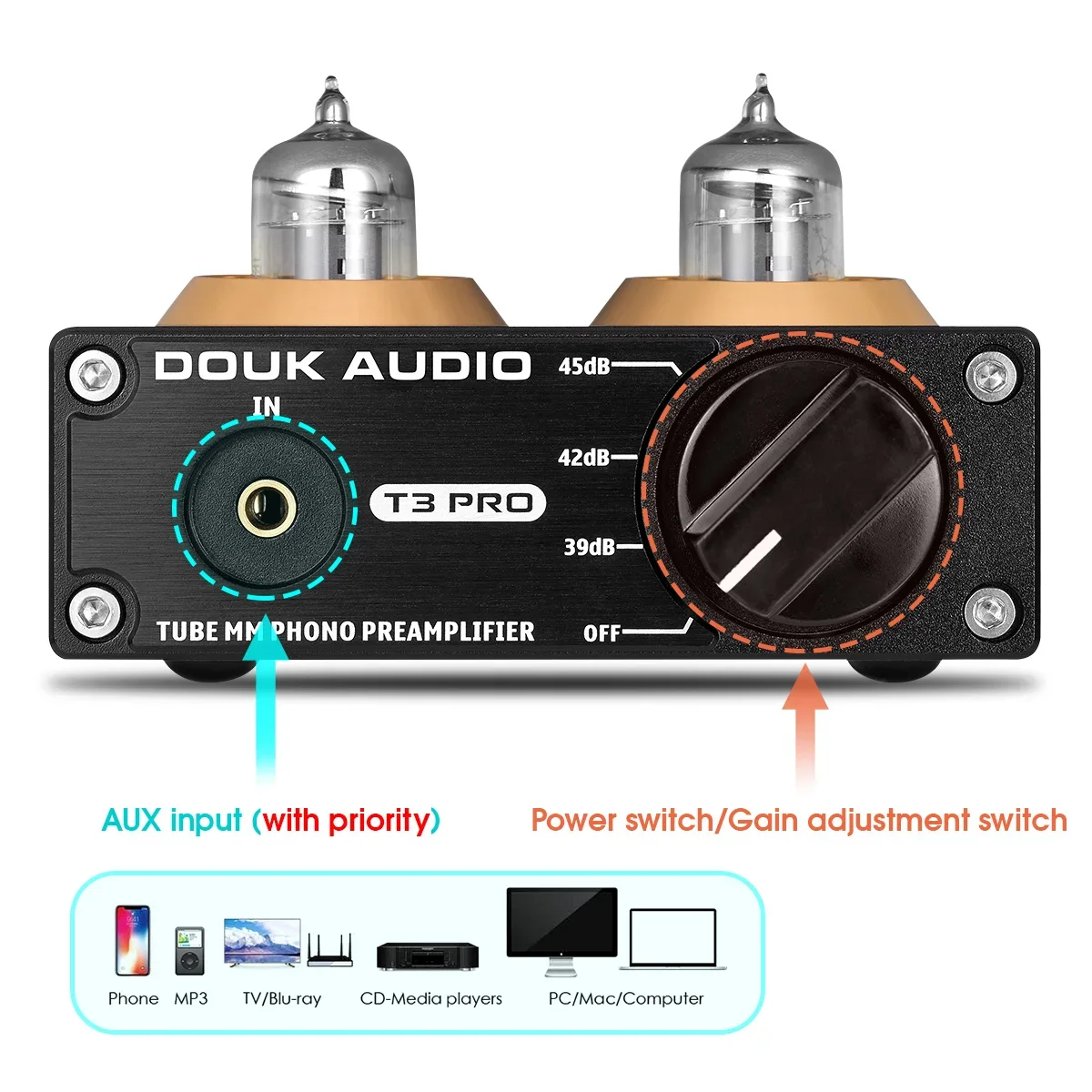 Douk Audio T3 PRO Mini MM RIAA Phono tocadiscos preamplificador nivel de línea amplificador estéreo HiFi RCA válvula tubo preamplificador de escritorio