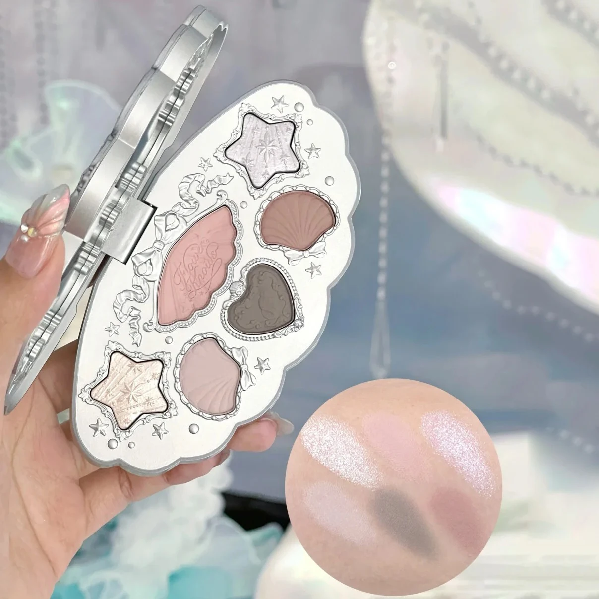 Paleta de sombras de ojos Flower Knows Shells Jewel, 6 colores mate y brillante, paleta de maquillaje de larga duración altamente pigmentada, tema del océano