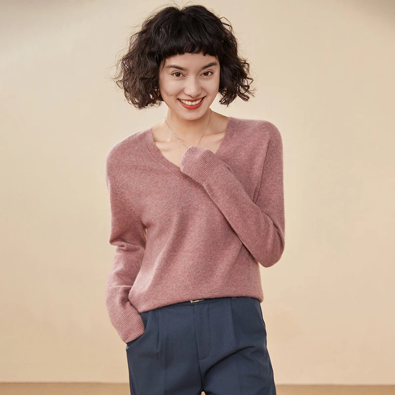 Otoño e Invierno nuevo suéter de cachemira para mujer 100% cachemira pura jersey de punto con cuello en V de manga larga Top de mujer superventas