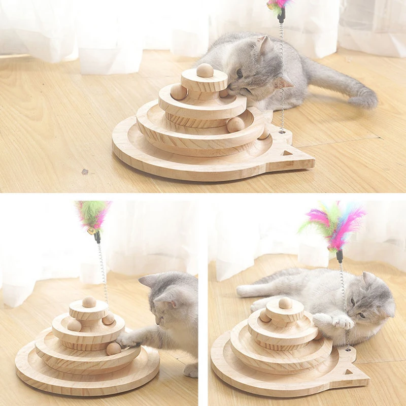 Juguete de madera para gatos de 2/3 niveles, torre de pistas, disco de diversión de inteligencia para gatos, disco de juego Triple, juguetes para gatos, juguetes de entrenamiento de pelota