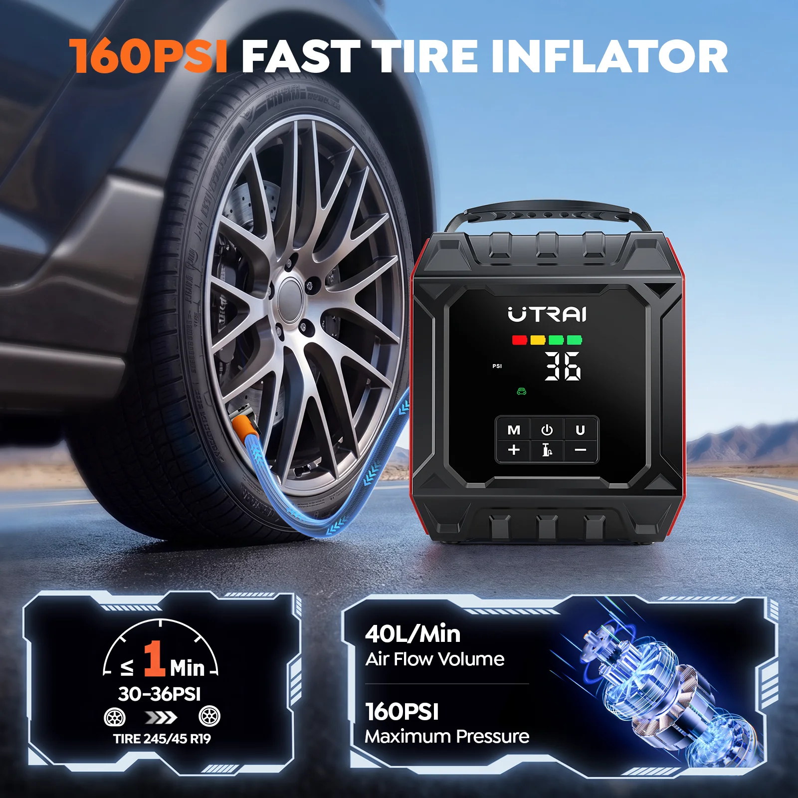 Arrancador de coches UTRAI 8000A con compresor de aire, panel de luz magnético extraíble y luces de camping para exteriores, arrancador de emergencia.