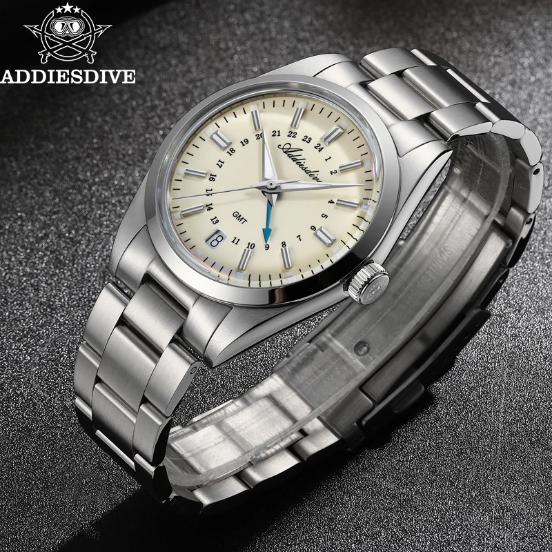 Reloj analógico ADDIESDIVE de 36mm para hombre GMT 515-24H reloj BGW9 luminoso 100m resistente al agua relojes de cuarzo de acero inoxidable para hombre AD2065