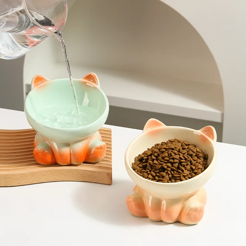 Cuenco de cerámica degradado para gato, cuenco alto con boca inclinada, suministros para mascotas