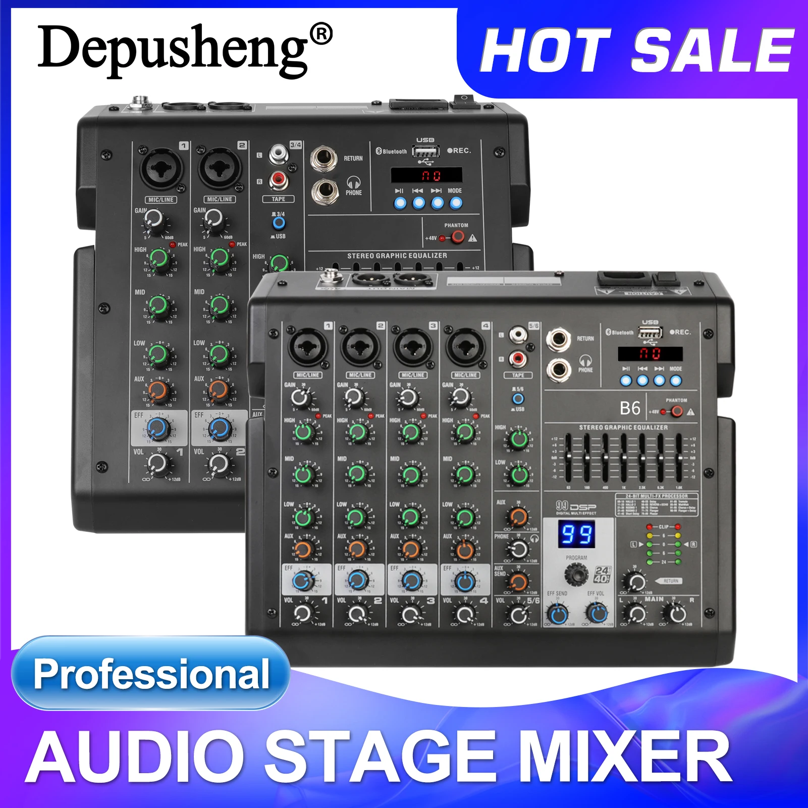 Mezclador de Audio de 4 Canales Depusheng B4, Mesa de Sonido Profesional para DJ, Consola de Mezclas con 99 Efectos Digitales DSP Integrados, Alimentación Phantom de 48V