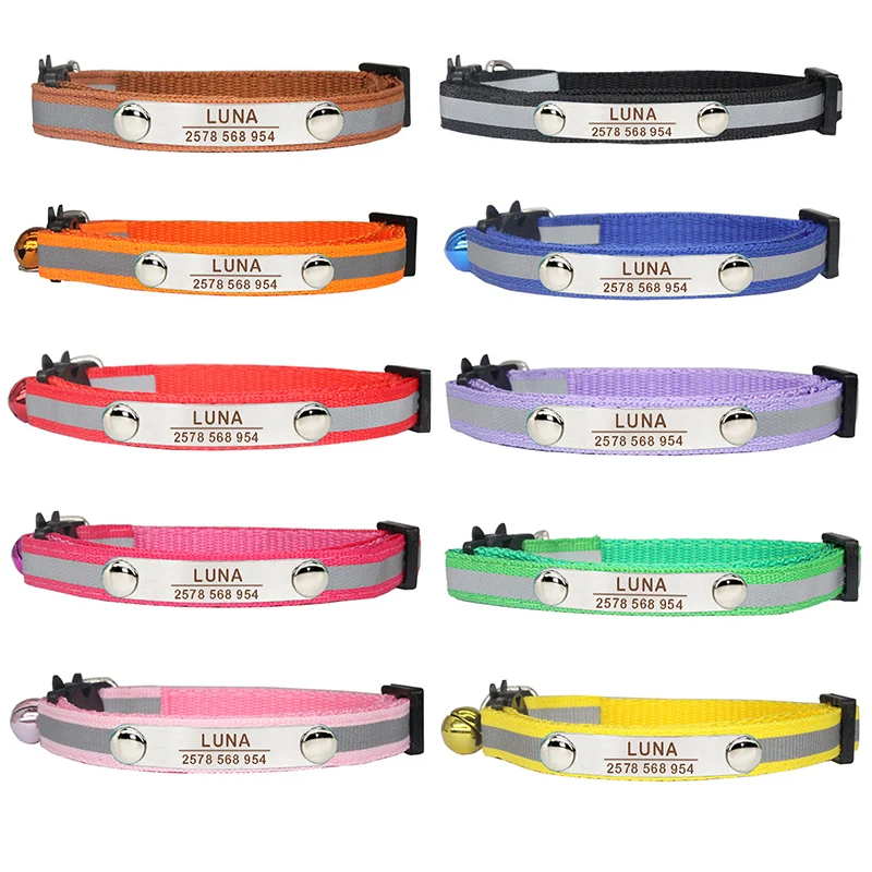 Collar de gato reflectante personalizado, ID personalizado, hebilla de seguridad ajustable con campana, grabado gratis, Collar de nailon para cachorros y gatitos