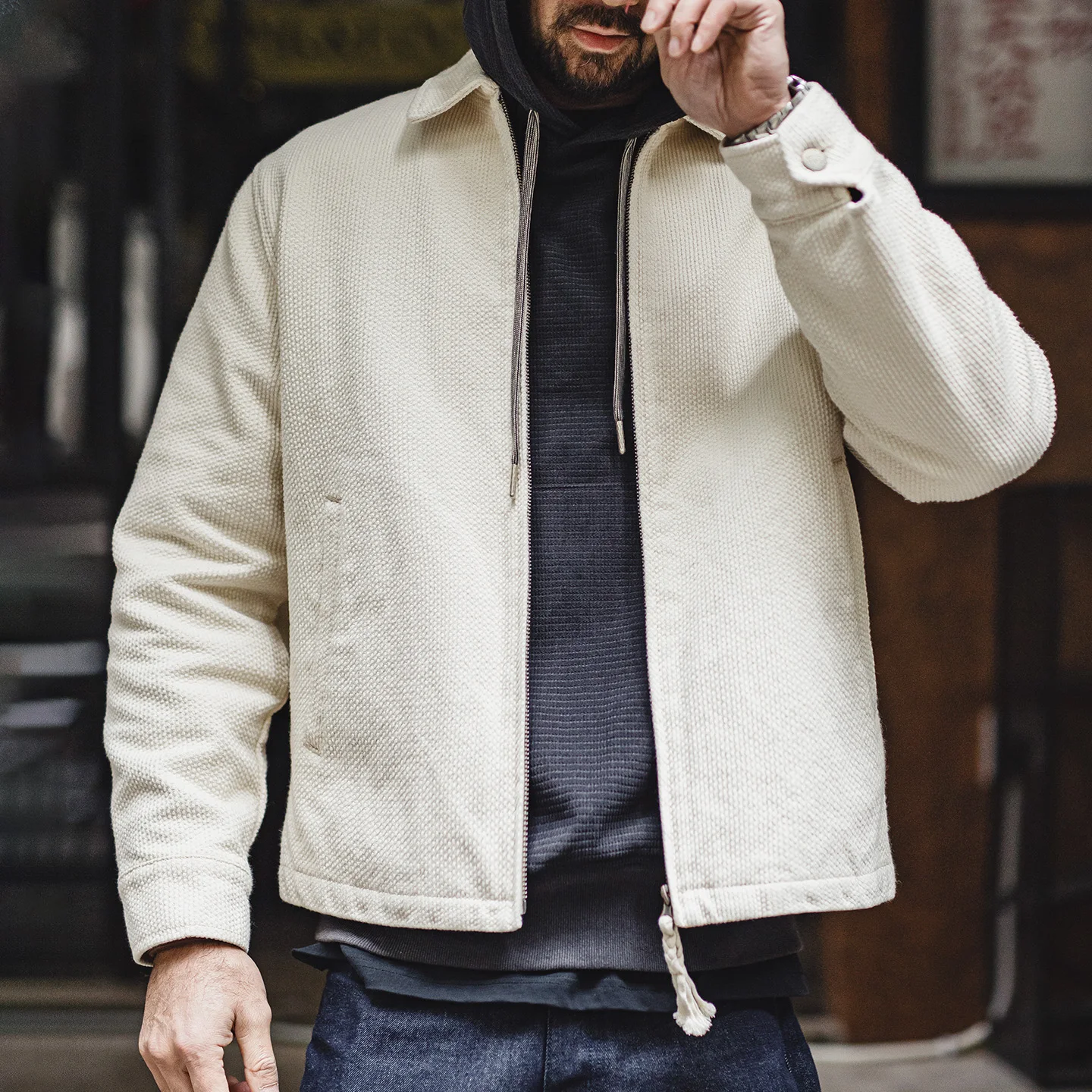 Chaqueta Blanca Vintage para Hombre Maden, Chaqueta Corta de Algodón Grueso con Cuello Camisero, Cierre de Cremallera, Ajustada, para Primavera y Otoño