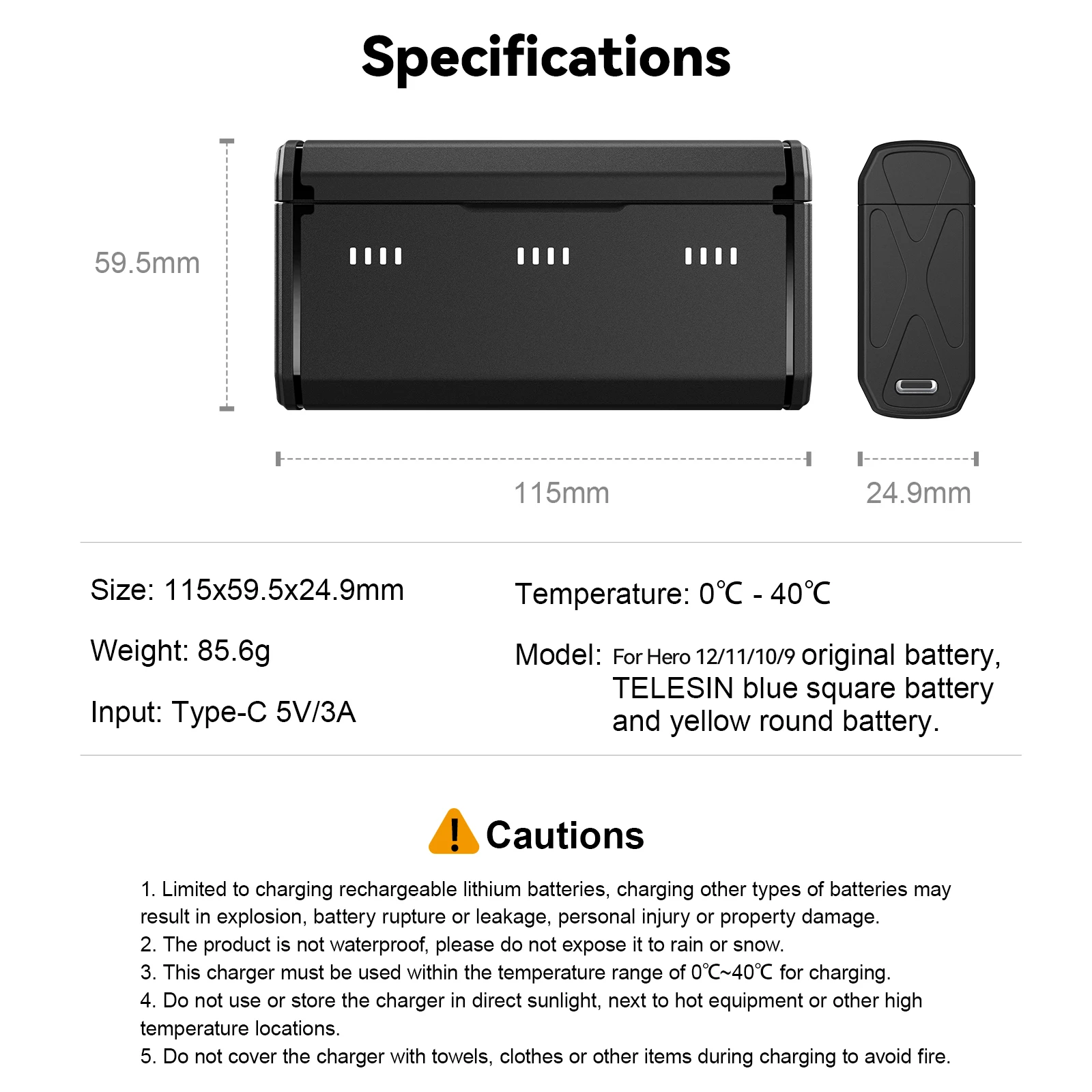 Batería de endoscencia TELESIN de 1750 mAh para GoPro Hero 12 11 10 9 accesorios Gopro con caja de batería para GoPro 9 10 11 12 negro
