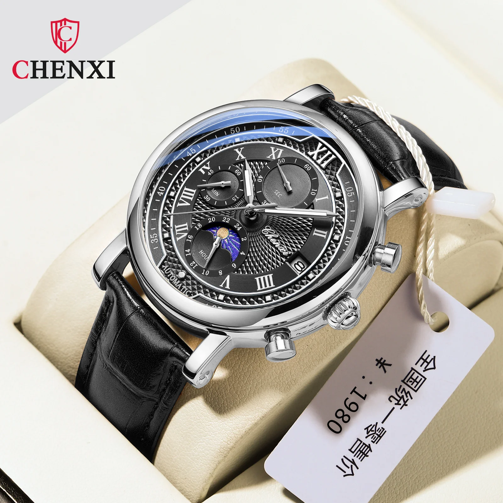 Reloj de cuarzo luminoso para hombre Chenxi 976, cronógrafo de cuero con fecha, fase lunar, cronometraje, estilo ejecutivo, Relojes Para Hombres