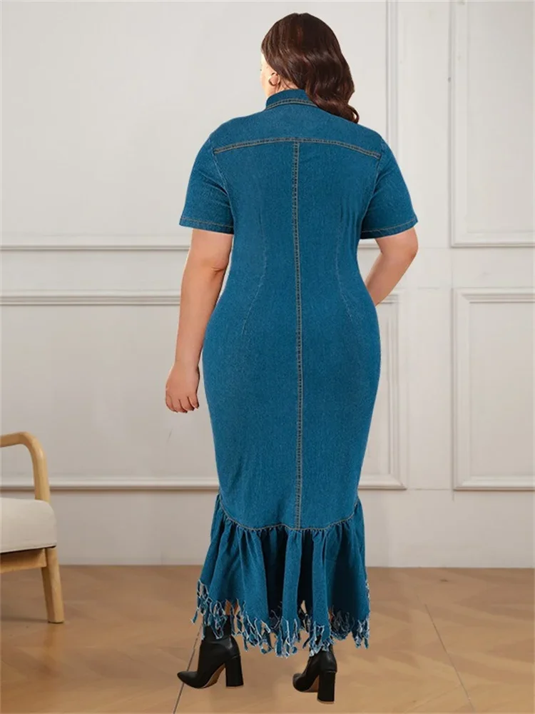 Wmstar Denim vestidos de talla grande para mujer verano sólido cremallera dobladillo con borlas moda elegante Maxi vestido venta al por mayor Dropshipping 2024