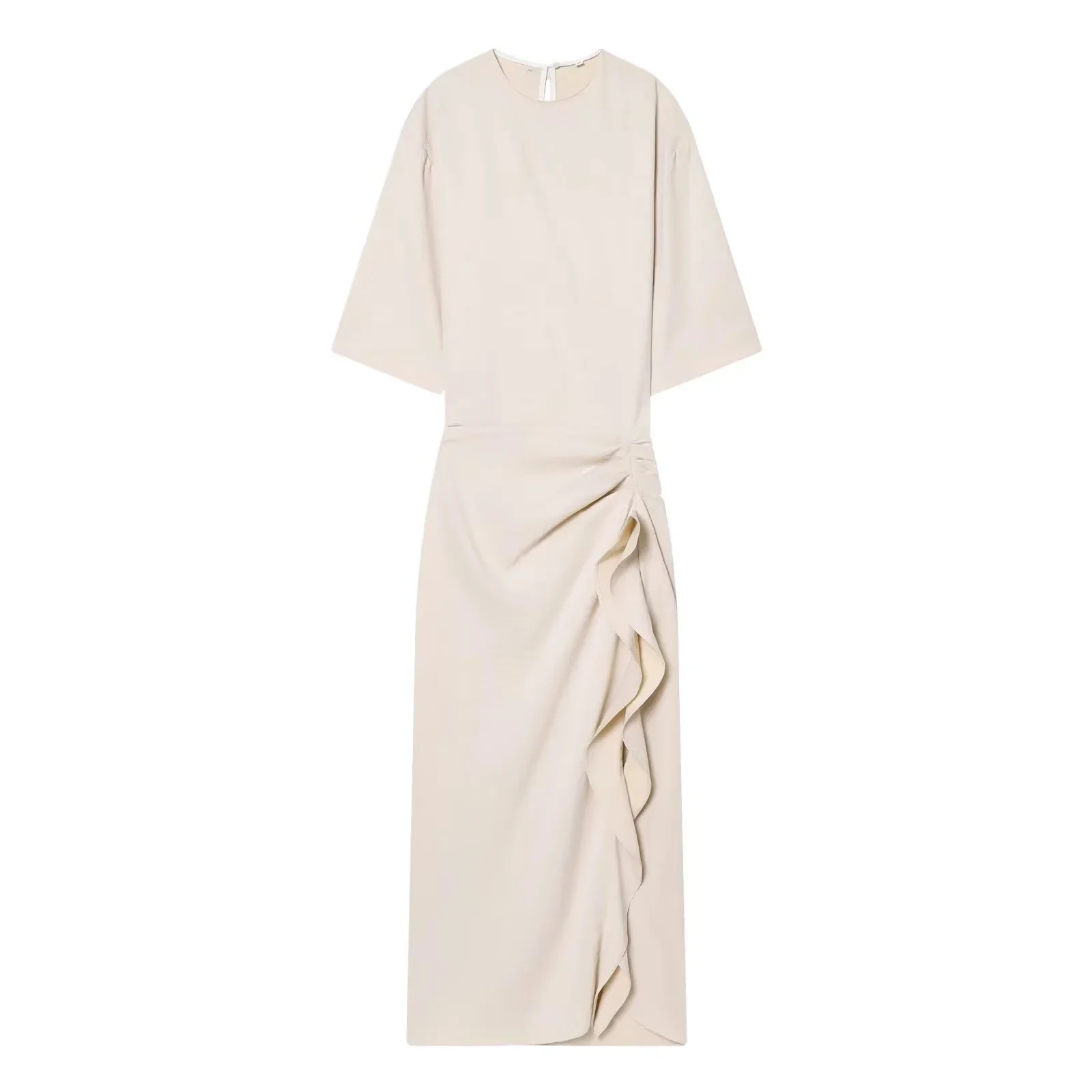 Vestido Midi BSAY 2026 para Mujer, Color Sólido, Cuello Redondo, Manga Media, Corte Ajustado, Volantes Laterales, Abertura Lateral, Elegante, Formal, para el Trabajo